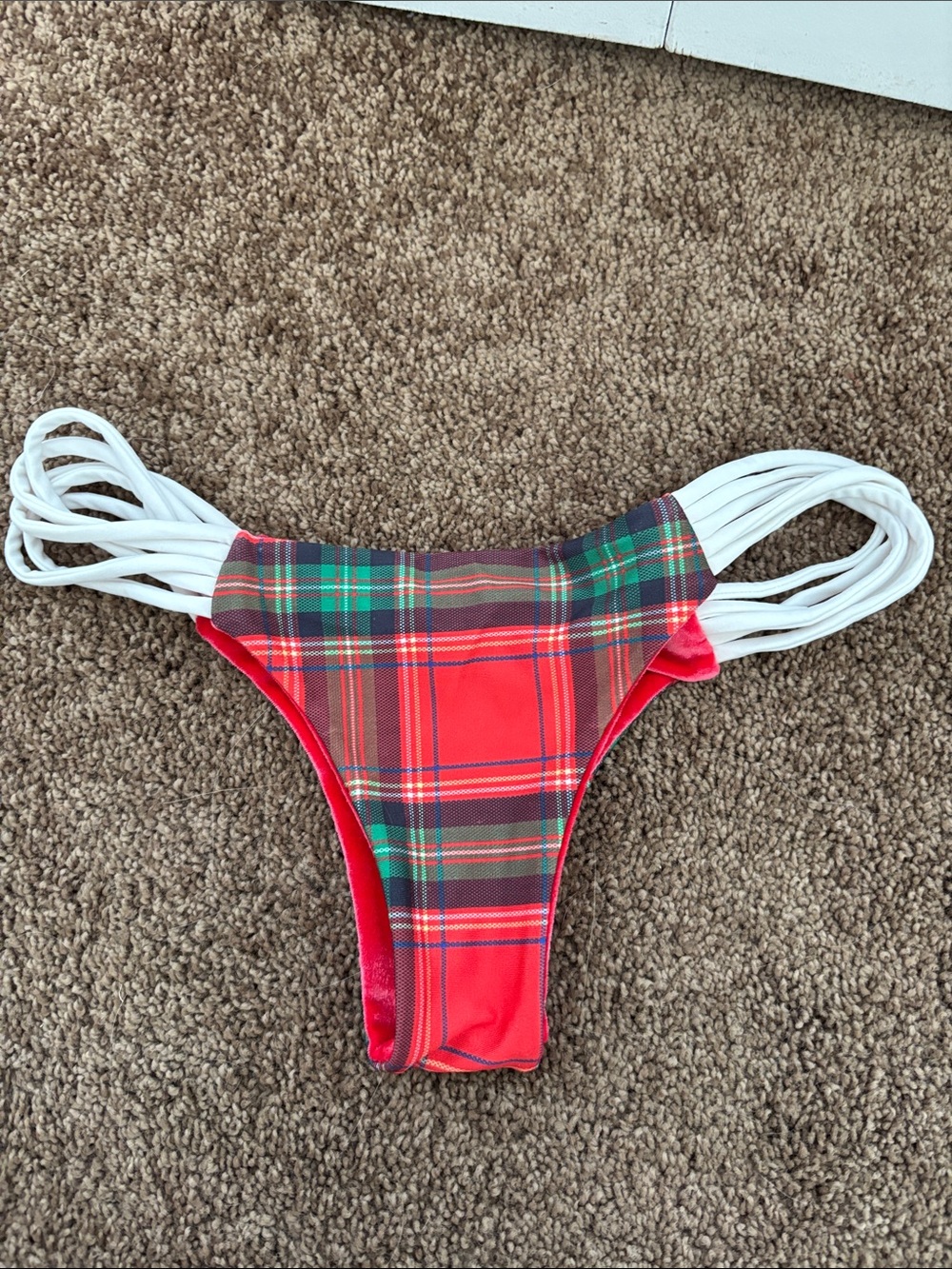 Plaid Red Women's Bikini Bottom with White Side Straps